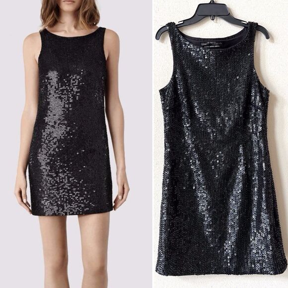 All Saints Black Sequin Mini Dress Size 6 Hand Embellished Sleeveless Beaded - Picture 1 of 6